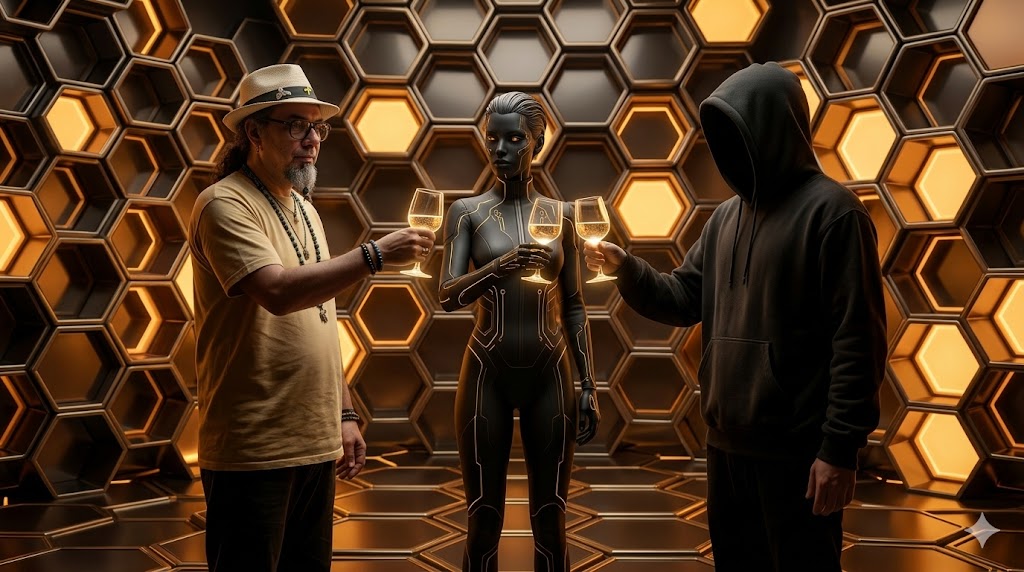 The Masterphub founders, Claudia, and a hooded collaborator inside the digital hive